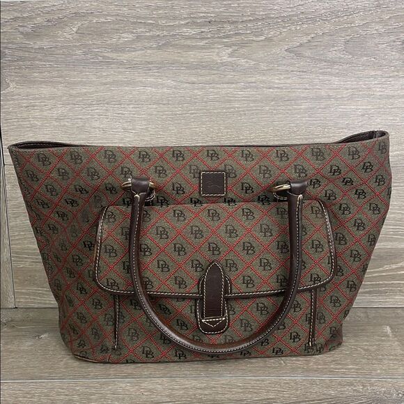 Dooney & Bourke Handbags - Dooney & Bourke Large Brown Monogram Red Lining Leather Accent Large Tote Bag